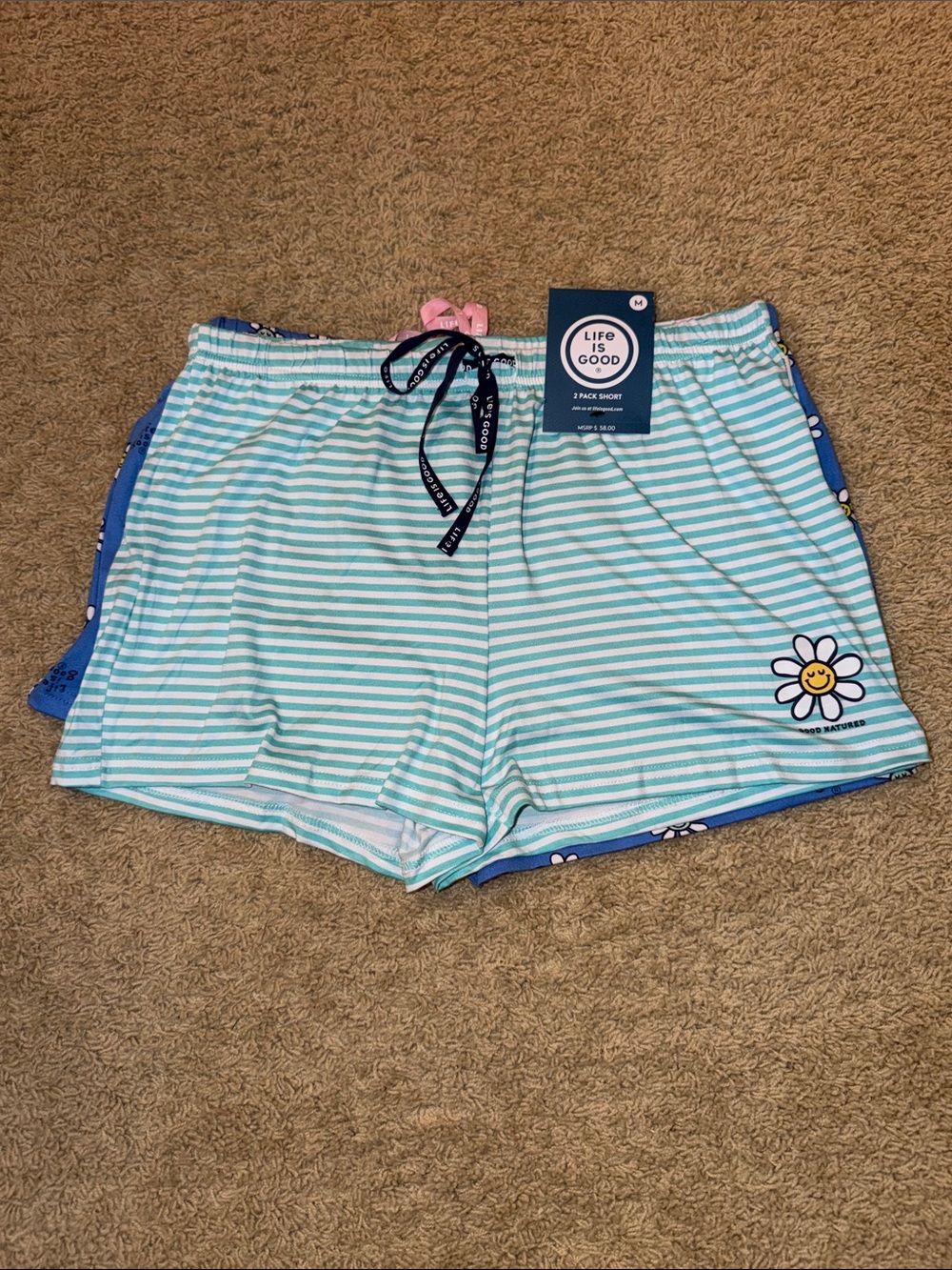 Life Is Good Aqua and White Striped Daisy Lounge Shorts